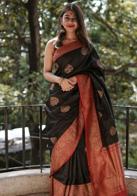 Black Zari Work Silk Saree Set
