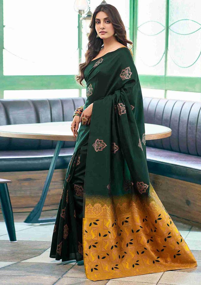 Green Embroidery Silk Saree Set - Indya