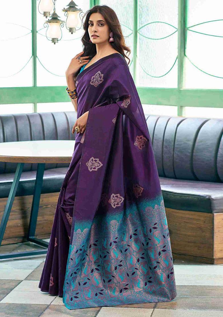 Purple Embroidery Silk Saree Set - Indya