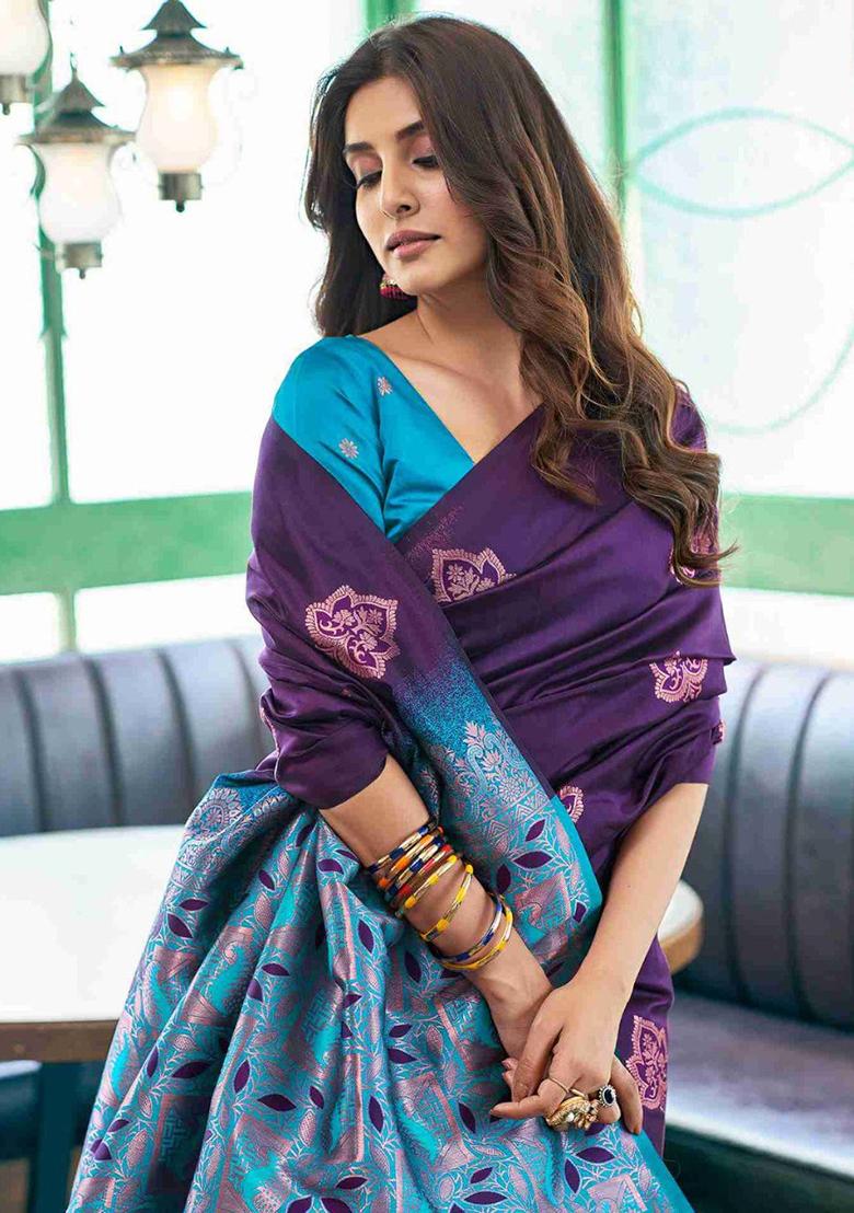 Purple Embroidery Silk Saree Set - Indya