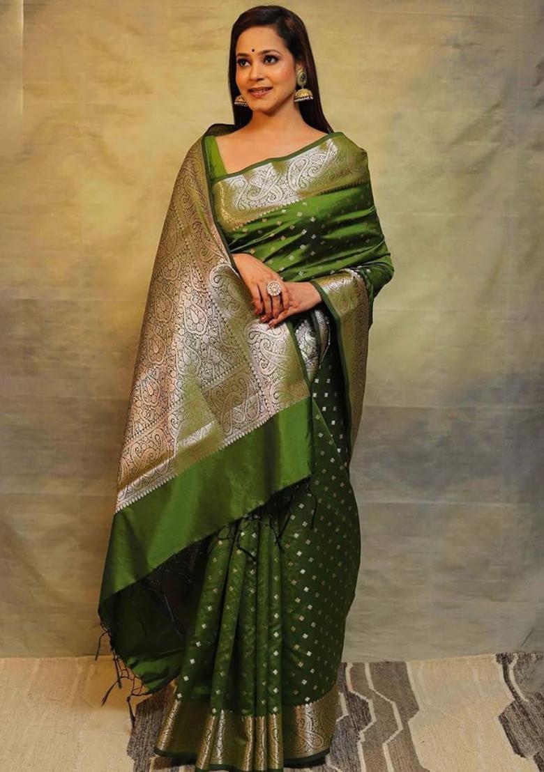 Mehendi Green Jacquard Work Silk Saree Set - Indya