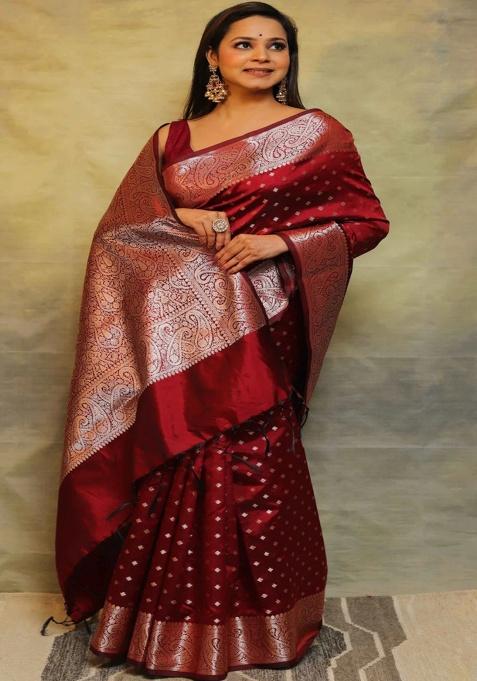 Maroon Jacquard Work Silk Saree Set