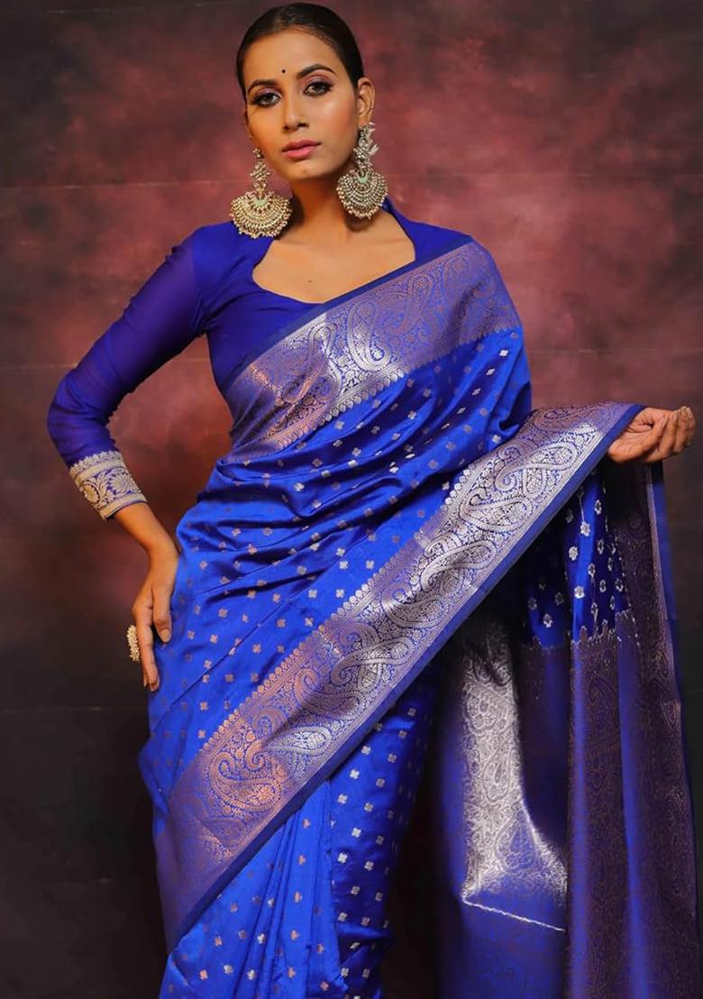 Navy Blue Jacquard Work Silk Saree Set - Indya