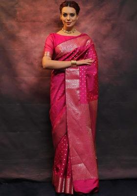 Rani Pink Jacquard Work Silk Saree Set