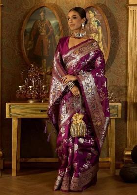 Wine Jacquard Work Silk Saree Set