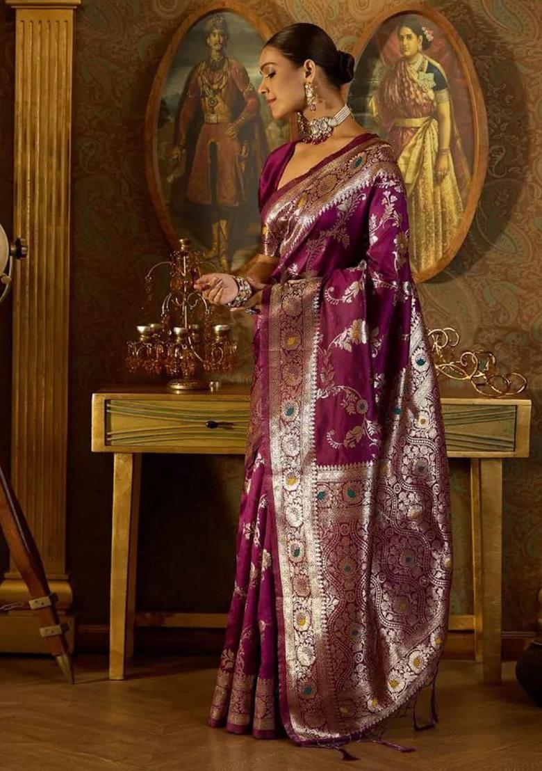 Wine Jacquard Work Silk Saree Set - Indya
