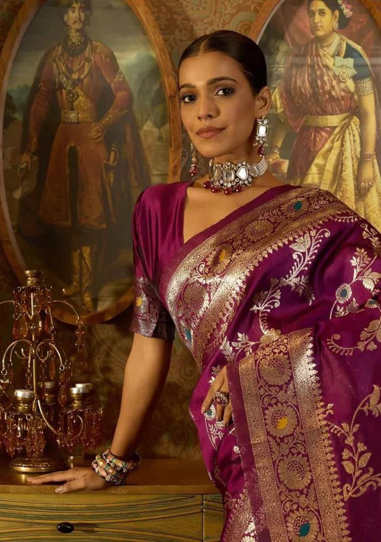 Wine Jacquard Work Silk Saree Set - Indya