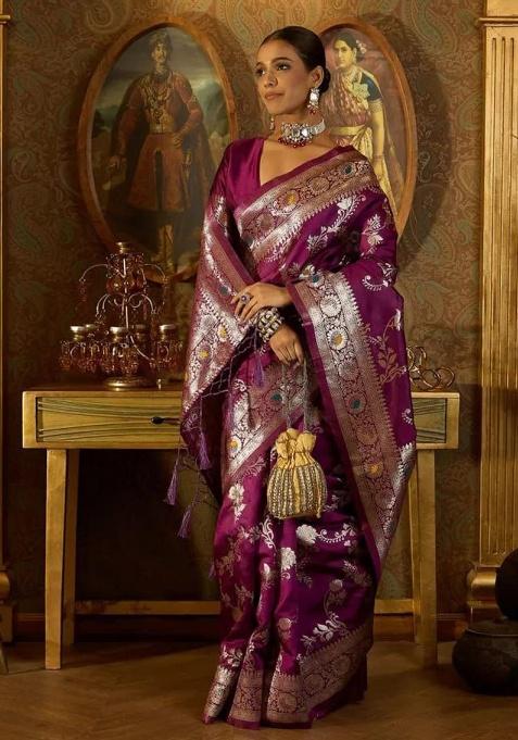 Wine Jacquard Work Silk Saree Set