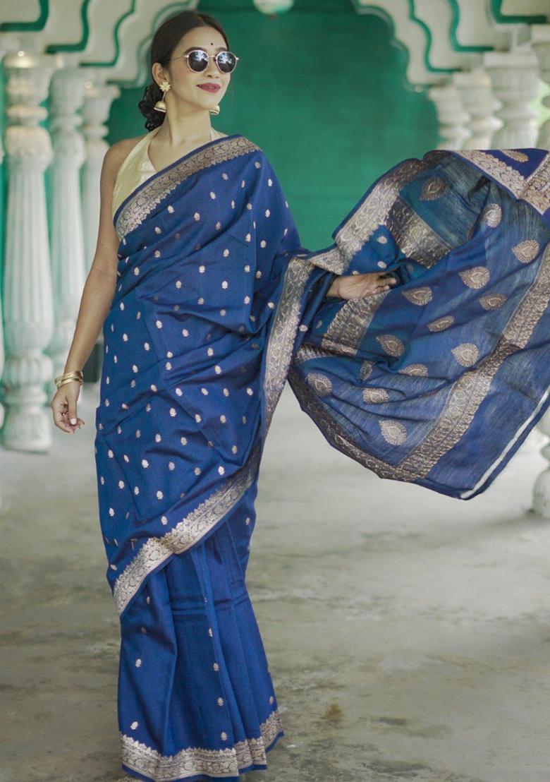 Navy Blue Jacquard Work Linen Saree Set - Indya