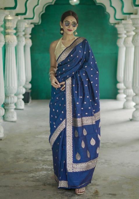 Navy Blue Jacquard Work Linen Saree Set