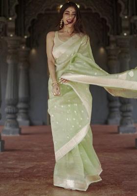 Pista Jacquard Work Linen Saree Set