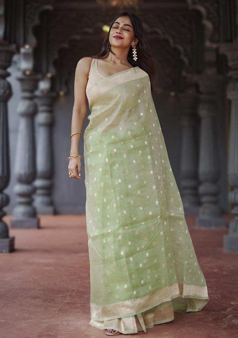 Pista Jacquard Work Linen Saree Set - Indya
