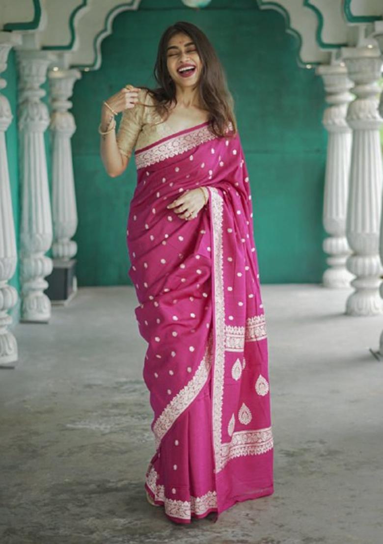Rani Pink Jacquard Work Linen Saree Set - Indya