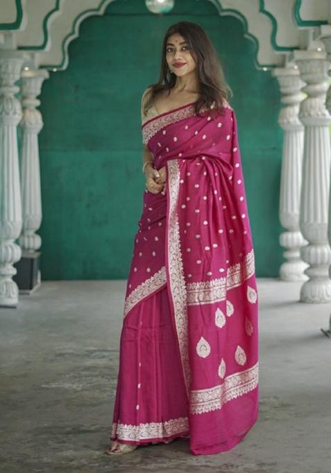 Rani Pink Jacquard Work Linen Saree Set
