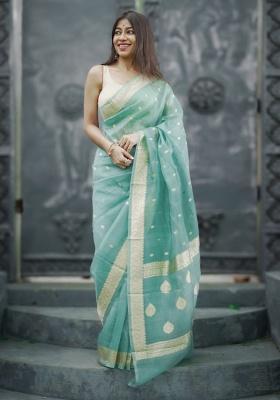 Sky Blue Jacquard Work Linen Saree Set
