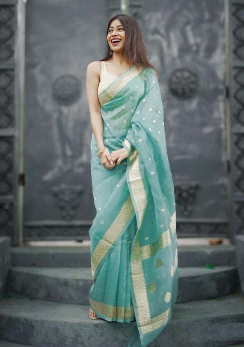 Sky Blue Jacquard Work Linen Saree Set - Indya