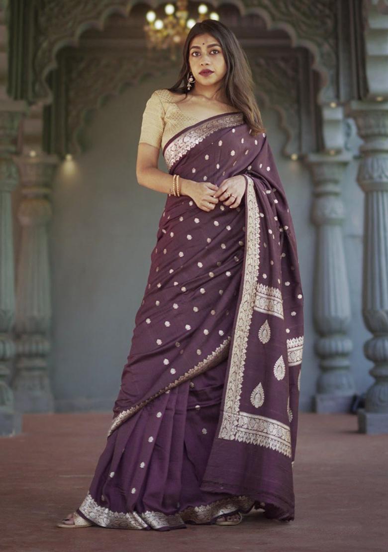 Wine Jacquard Work Linen Saree Set - Indya