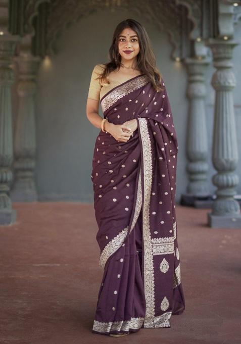 Wine Jacquard Work Linen Saree Set