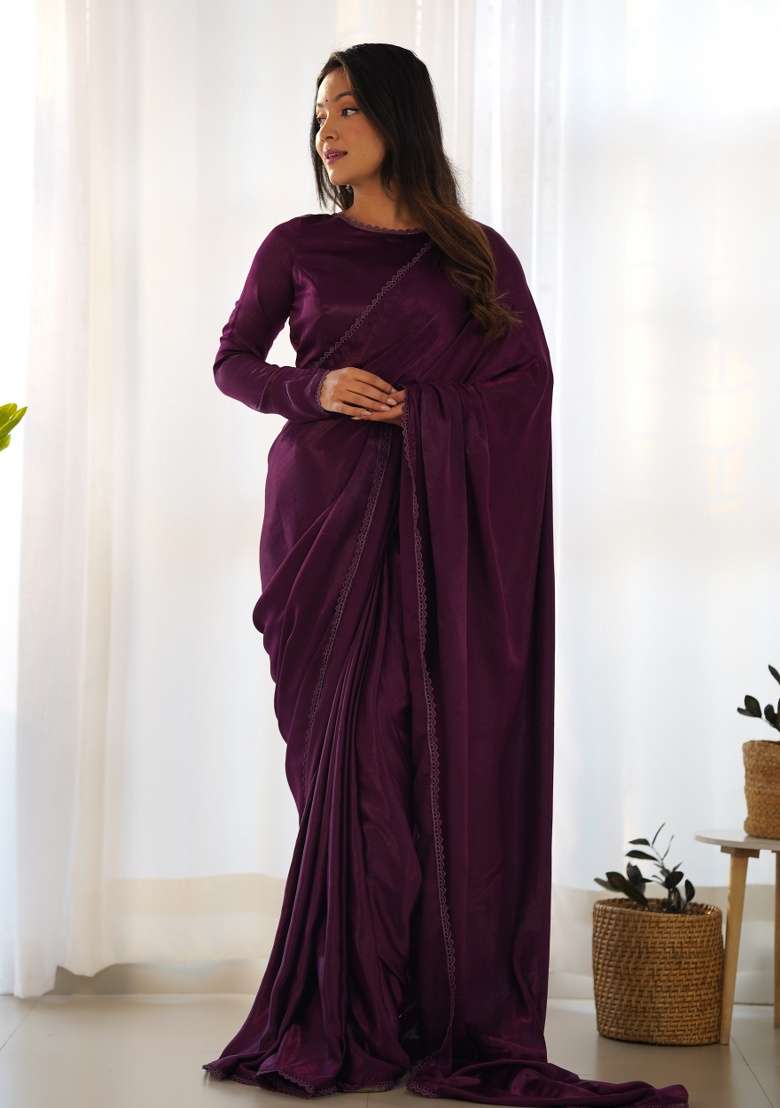 Purple Lace Work Velvet Saree Set - Indya