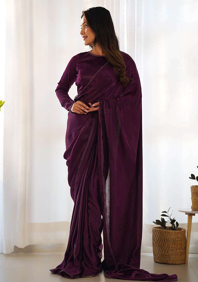 Purple Lace Work Velvet Saree Set - Indya