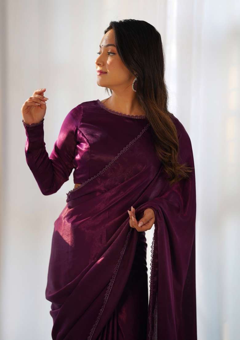 Purple Lace Work Velvet Saree Set - Indya