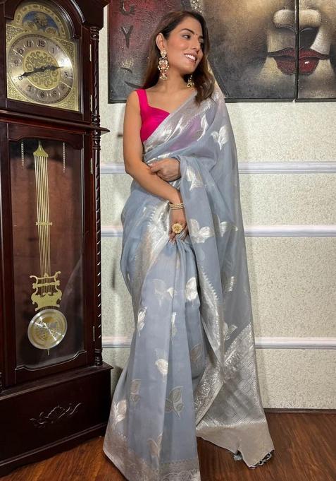 Grey Jacquard Work Linen Saree Set