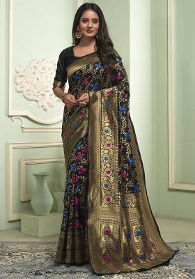 Black Jacquard Weaving Work Silk Saree Set