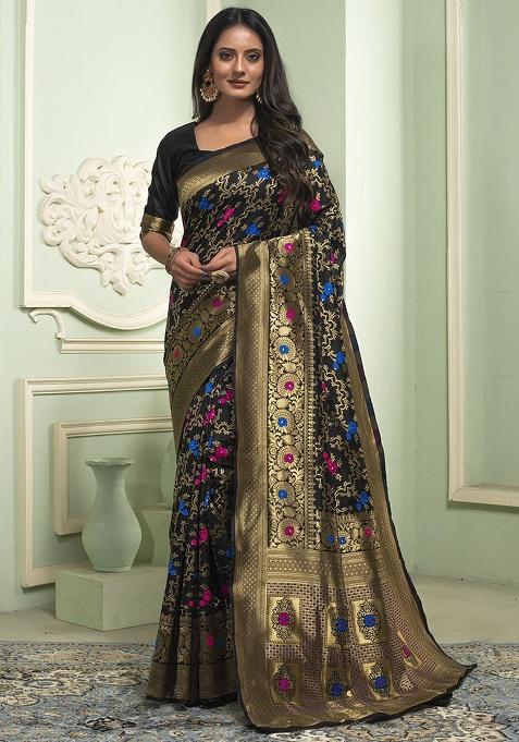 Black Jacquard Weaving Work Silk Saree Set