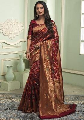 Maroon Jacquard Weaving Work Silk Saree Set