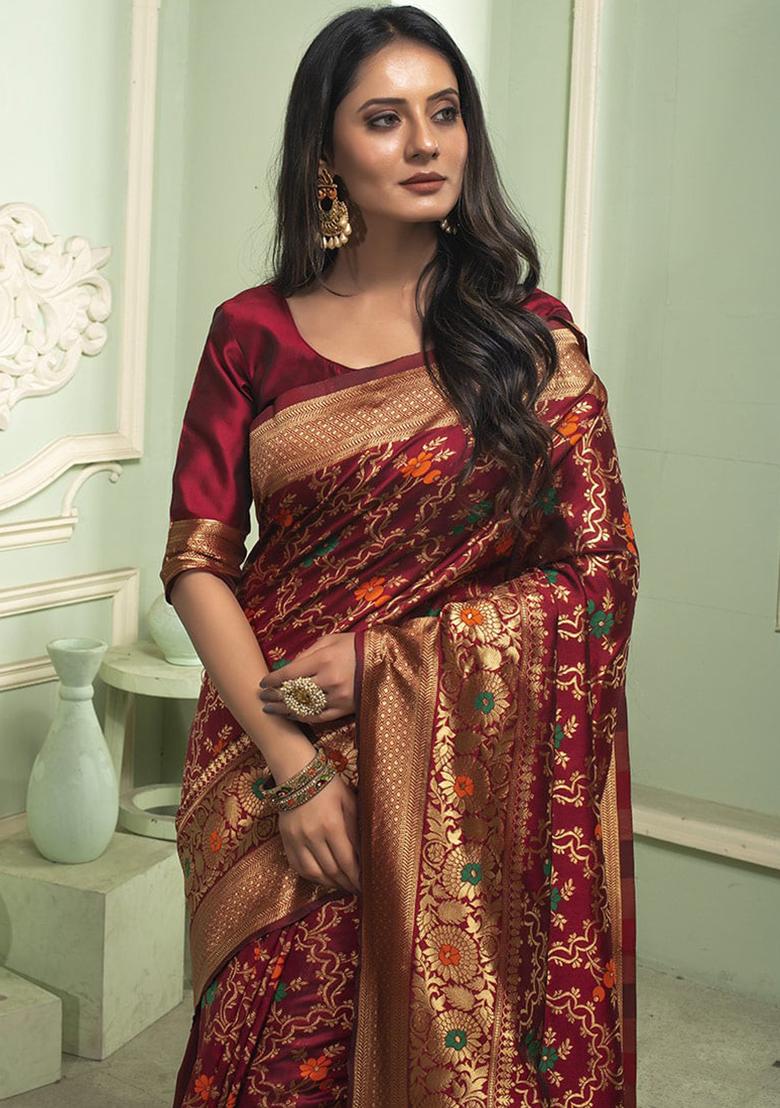 Maroon Jacquard Weaving Work Silk Saree Set - Indya