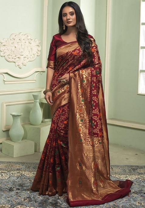 Maroon Jacquard Weaving Work Silk Saree Set