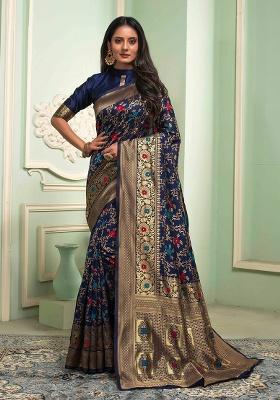 Navy Blue Jacquard Weaving Work Silk Saree Set