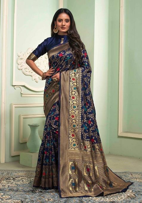 Navy Blue Jacquard Weaving Work Silk Saree Set