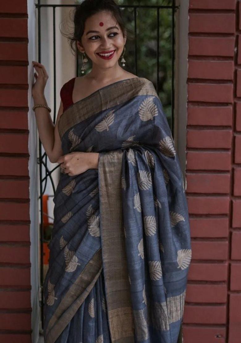 Grey Jacquard Work Silk Saree Set - Indya