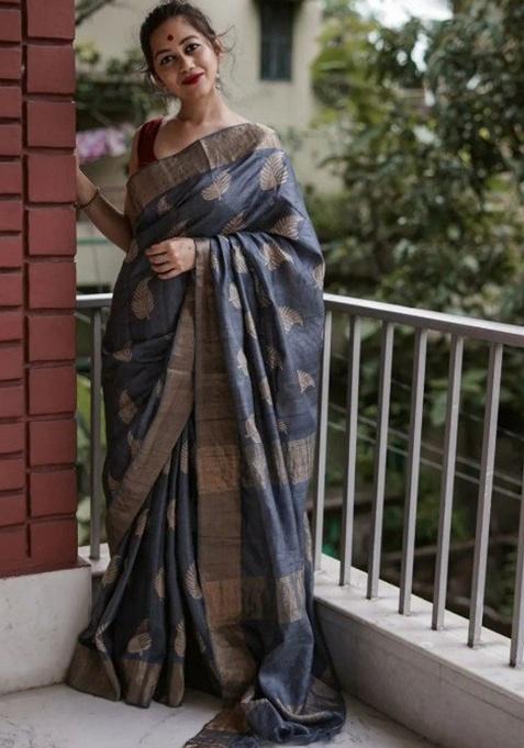 Grey Jacquard Work Silk Saree Set