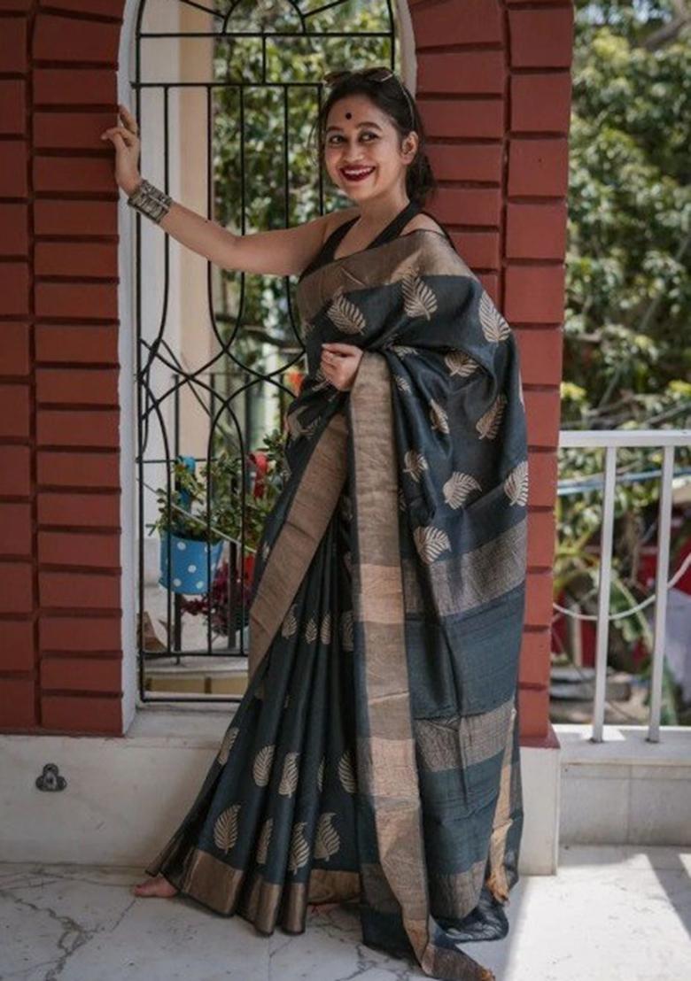 Dark Grey Jacquard Work Silk Saree Set - Indya