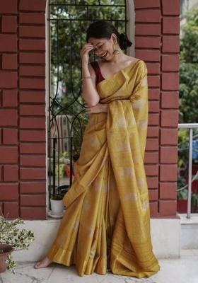 Mustard Jacquard Work Silk Saree Set
