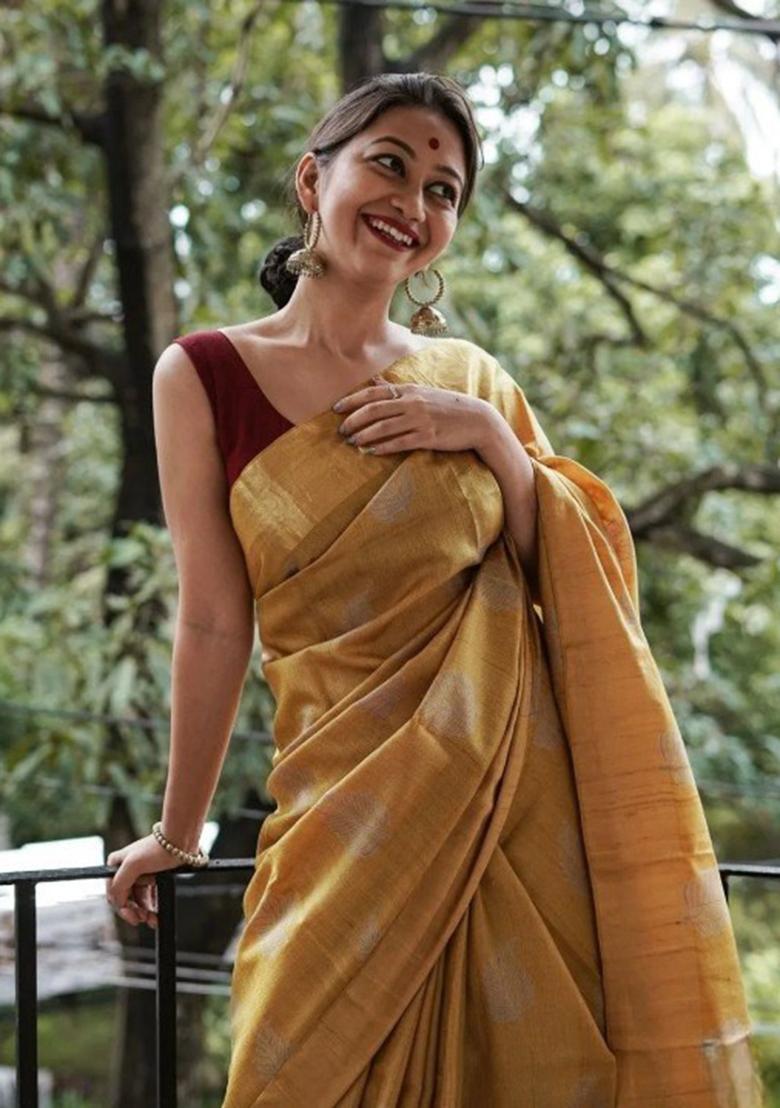Mustard Jacquard Work Silk Saree Set - Indya