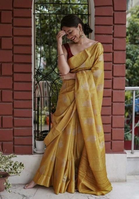 Mustard Jacquard Work Silk Saree Set