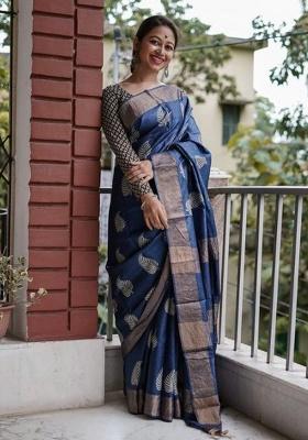Navy Blue Jacquard Work Silk Saree Set