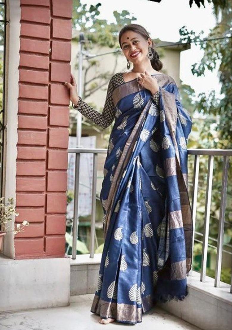 Navy Blue Jacquard Work Silk Saree Set - Indya