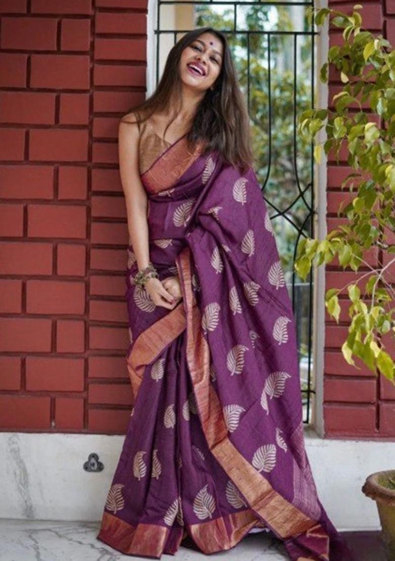 Wine Jacquard Work Silk Saree Set - Indya