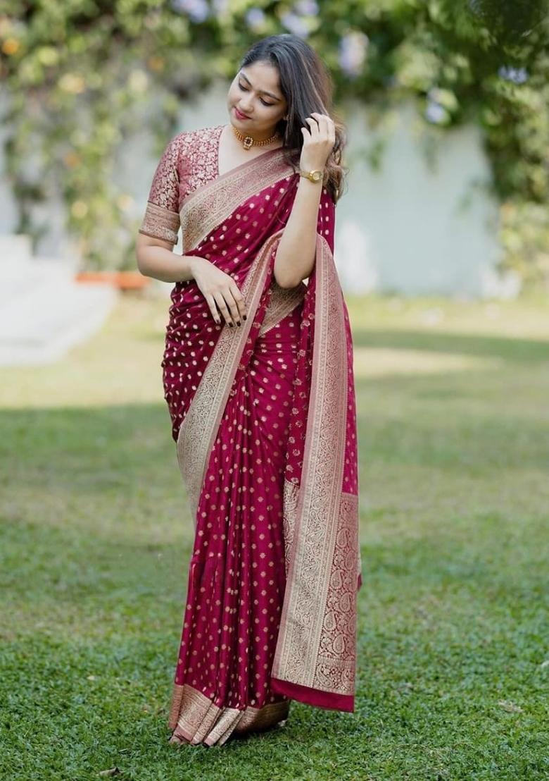 Maroon Jacquard Work Silk Saree Set - Indya