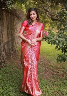 Rani Pink Jacquard Work Silk Saree Set