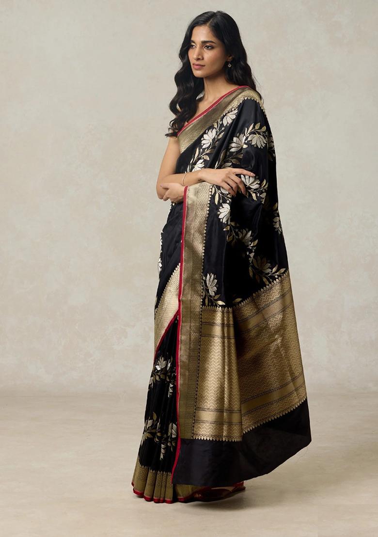 Black Jacquard Work Silk Saree Set - Indya