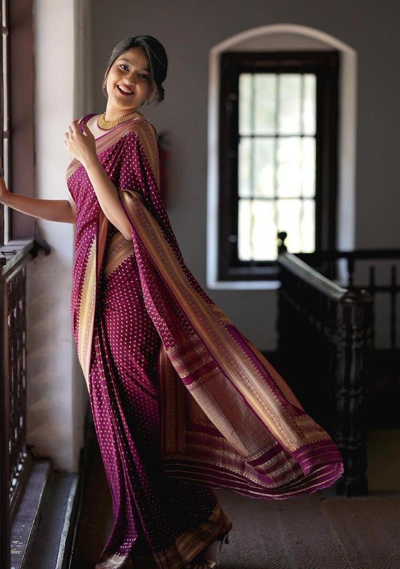 Wine Jacquard Work Silk Saree Set - Indya