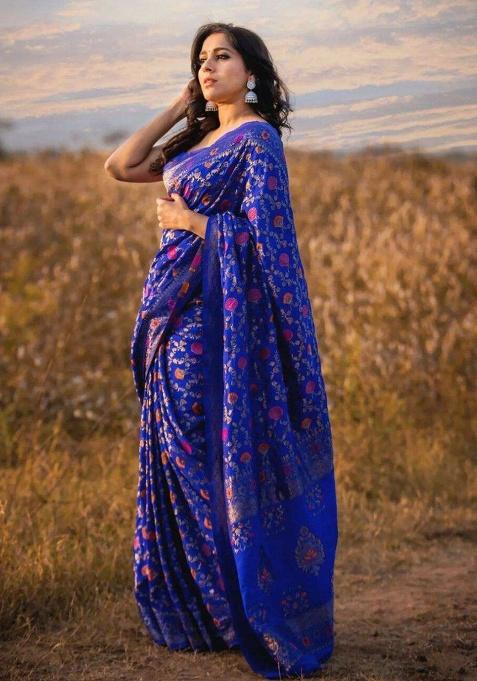 Blue Zari Work Silk Saree Set