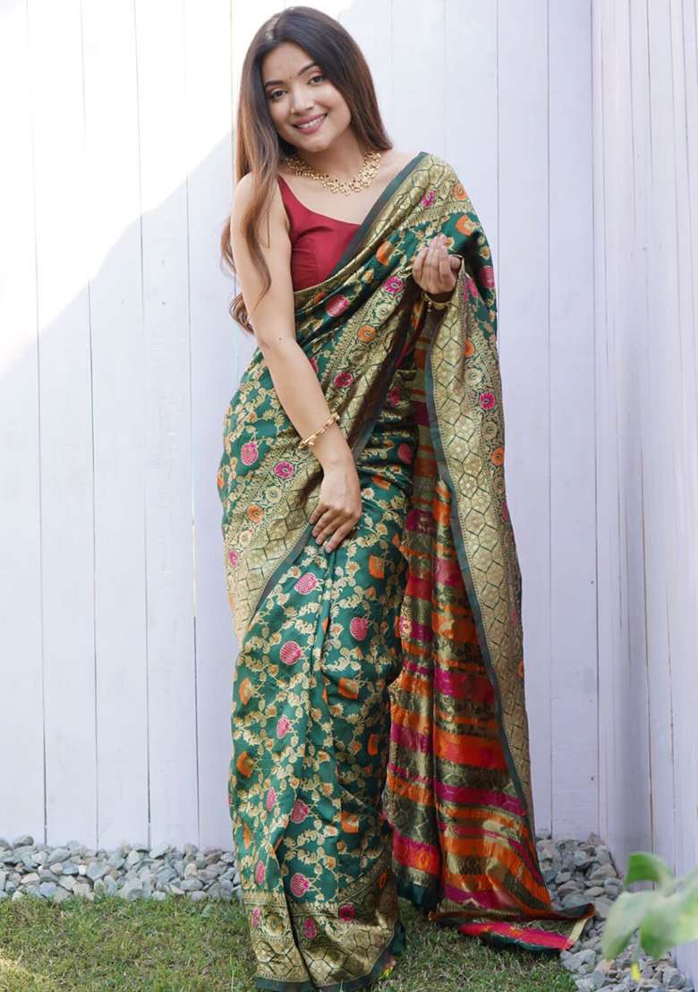 Green Zari Work Silk Saree Set - Indya
