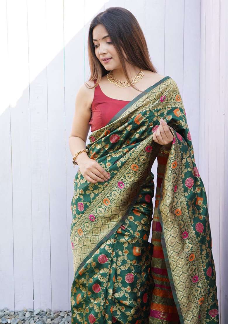 Green Zari Work Silk Saree Set - Indya