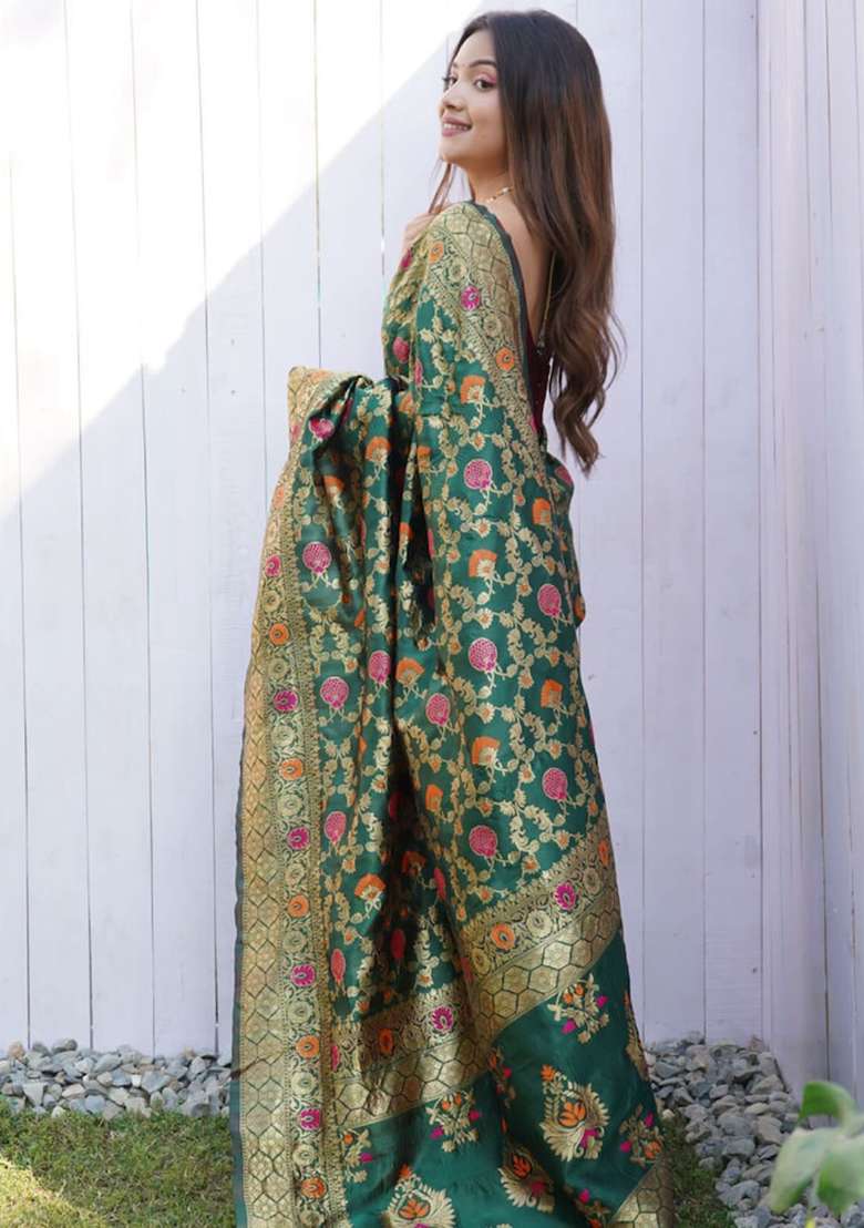 Green Zari Work Silk Saree Set - Indya